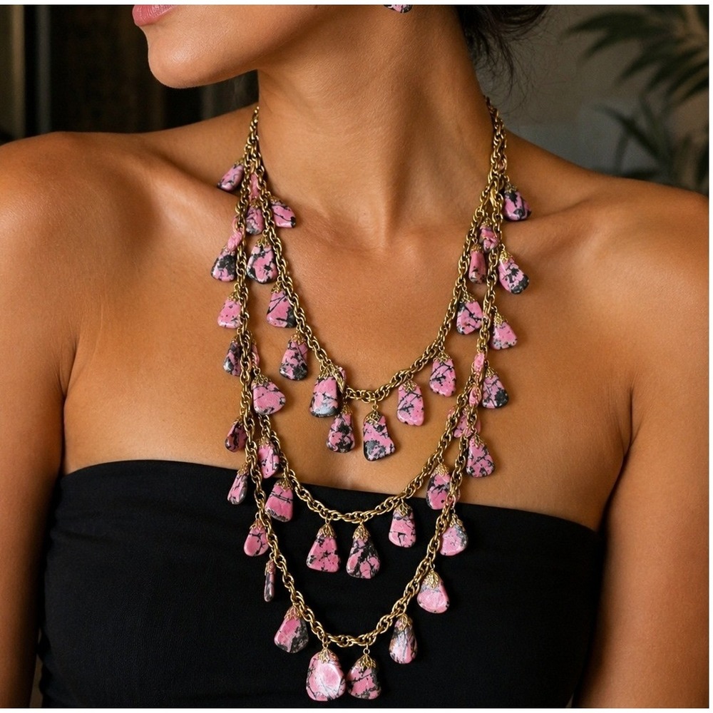 Vintage Rhodonite Nugget Multi Strand Necklace Gold Tone Chain Statement 22"
